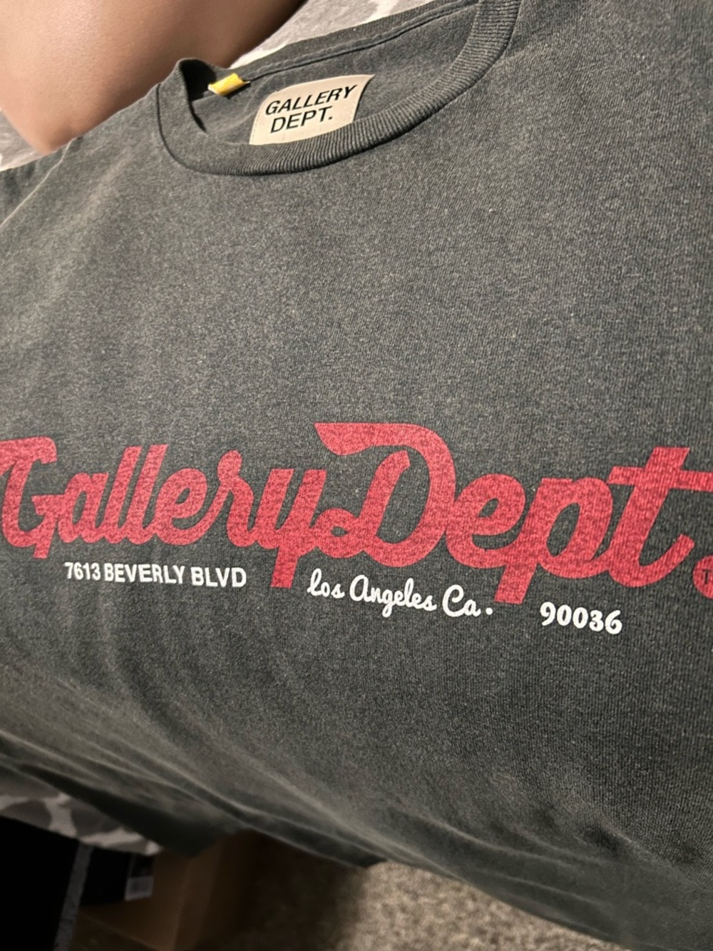 Gallery Dept Dark Gray Short Sleeve Tee with Red Script